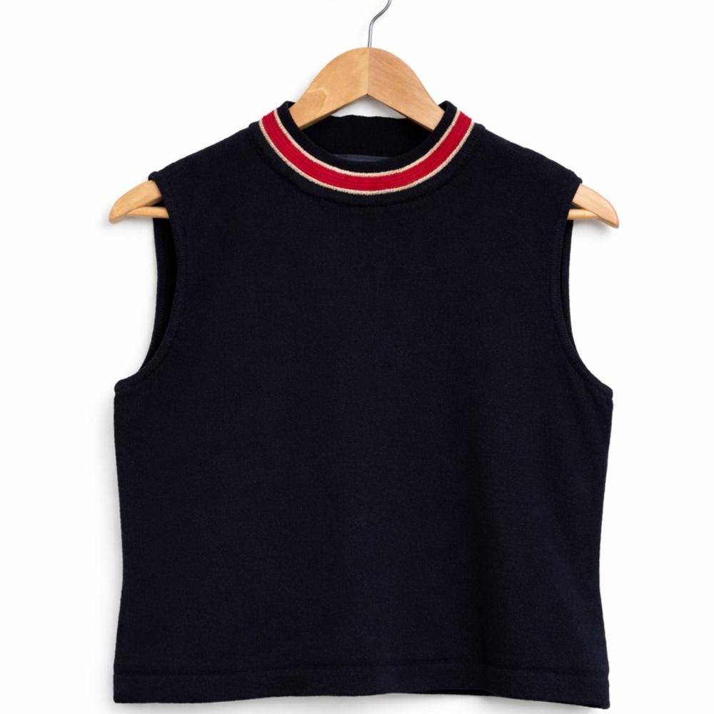 St John Marie Gray Santana Knit Sleeveless Top Navy Trim Vintage Size M USA - Picture 5 of 7